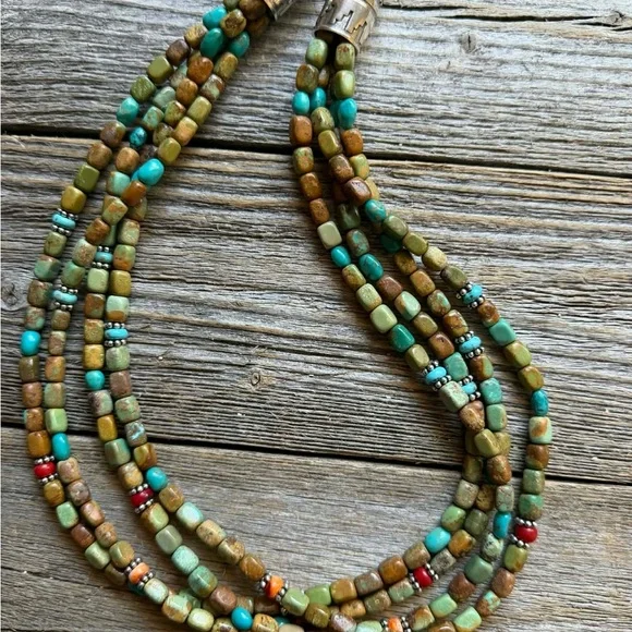 Sterling silver sourhwestern blue green turquoise multistrand necklace 24 inch